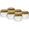 Låg burk 200ml - med guldfärgat lock fi 82/6, 6st. ['låg burk', ' glasburk', ' burk 200ml', ' twist-off lock', ' burk för sylt', ' förvaringsbehållare', ' hemlagade konserver', ' burk för sill', ' burk för sallad', ' burk för dessert']