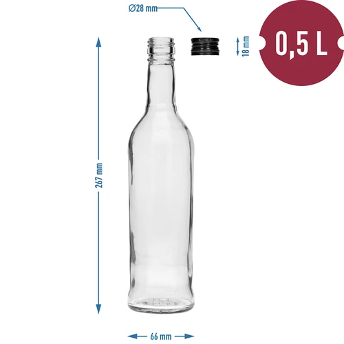 Flaska 500 ml Smal, med svart skruvkapsyl, för vodka, 6 st. - 7