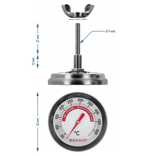 Grill- och BBQ-termometer, från 50 till +500°C, bimetallisk, 5,3cm - 7
