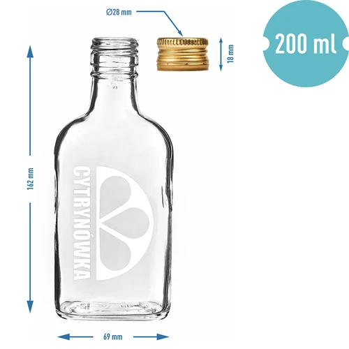 Platt glasflaska (plunta) 200 ml med skruvkork och tryck ”Cytrynówka”, motiv 2 - 4