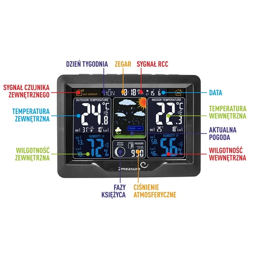 RCC väderstation, DCF – elektronisk, belyst, trådlös, sensor, svart - 10