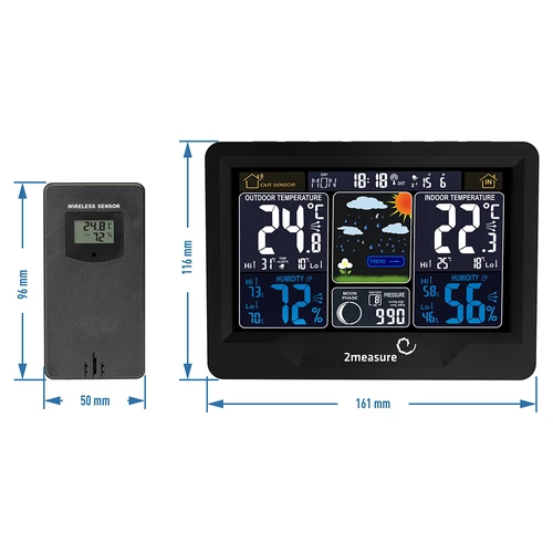 RCC väderstation, DCF – elektronisk, belyst, trådlös, sensor, svart - 12